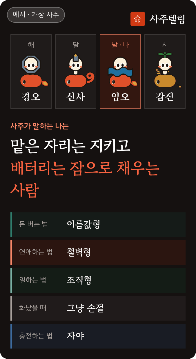 예시 결과 카드 — 가상 사주로 만든 「나 어떤 사람이야」 표지