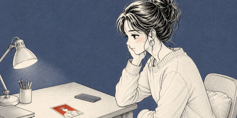밤 책상에서 턱을 괴고 열린 서랍 쪽으로 시선이 간 사람