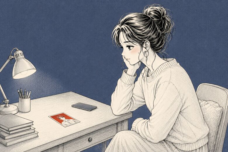 밤 책상에서 턱을 괴고 열린 서랍 쪽으로 시선이 간 사람