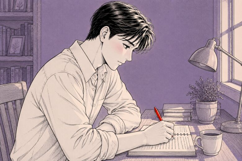 창가 책상에서 공책에 답을 적어 내려가는 사람