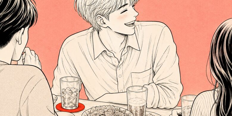 모임 자리에서 남의 이야기를 듣다 크게 웃은 사람