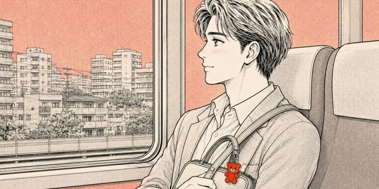 낮 기차 창가에서 가방을 안고 도시를 보는 사람