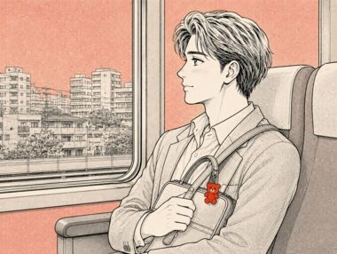 낮 기차 창가에서 가방을 안고 도시를 보는 사람